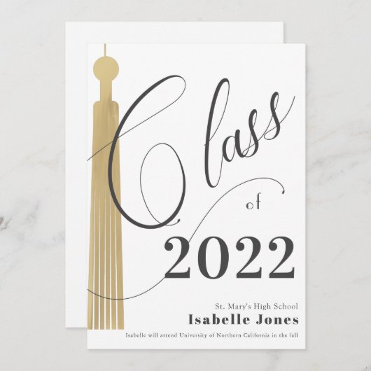 Gold Tassel White Afstuderen Invitation Kaart (Voorkant / Achterkant)