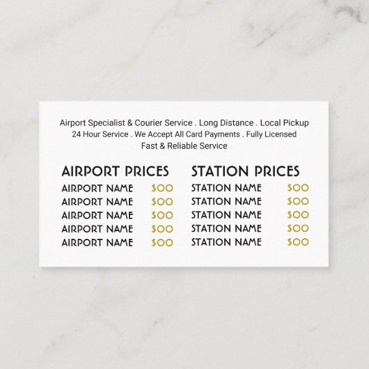 Gold Taxi Cab Logo, prijslijst Visitekaartje (Achterkant)