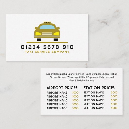 Gold Taxi Cab Logo, prijslijst Visitekaartje (Voorkant / Achterkant)