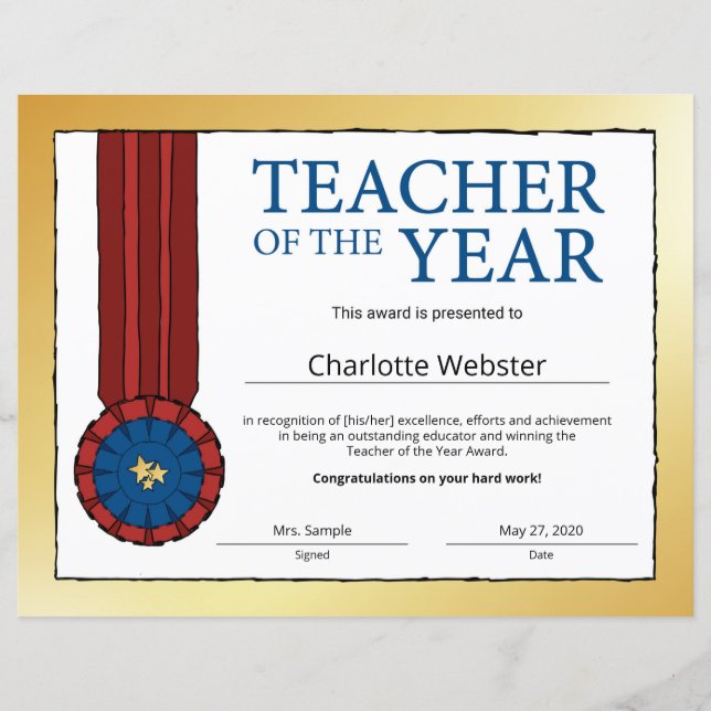 Gold Teacher of the Year Certificate Award (Voorkant)