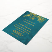 Gold Teal Floral Wedding Folie Uitnodiging (Gedraaid)