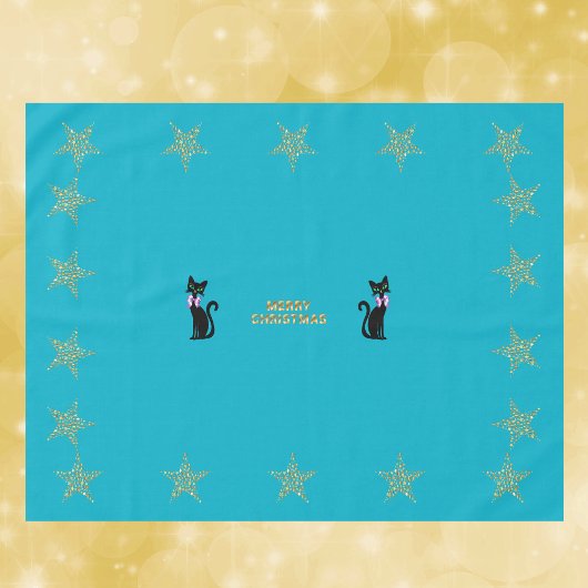 Gold Teal Merry Christmas Cats Stars pink Bows Tafelkleed