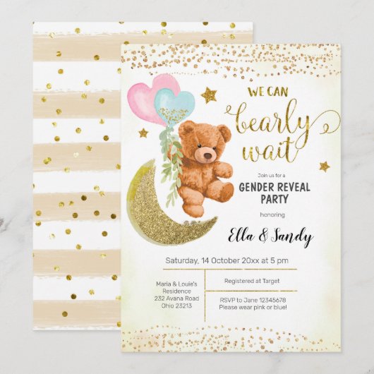 Gold Teddy Bear Ballon Gender Reopenbaart feest Kaart (Voorkant / Achterkant)