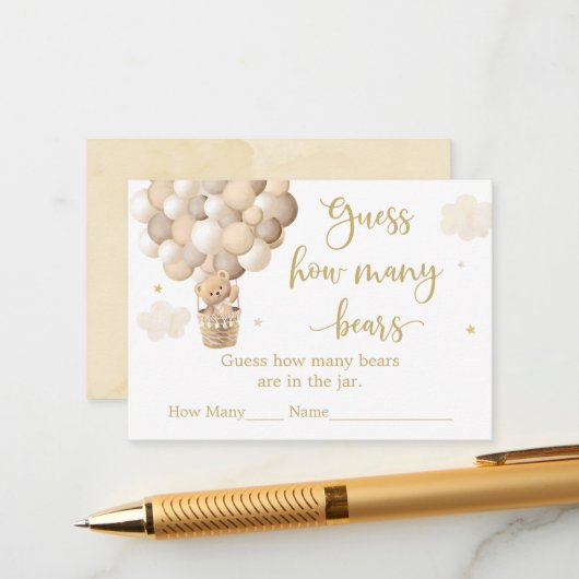 Gold Teddy Bear Balloon Baby shower Raad hoeveel Informatiekaartje (Voorkant / Achterkant in situ)