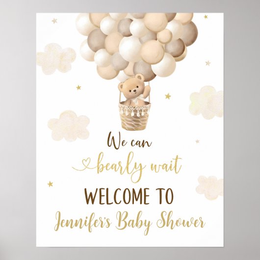 Gold Teddy Bear Balloons Baby shower Welkom Poster (Voorkant)