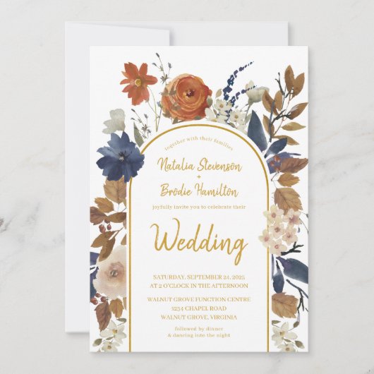 Gold Terracotta Blue Floral Boho Wedding Kaart (Voorkant)