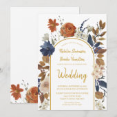 Gold Terracotta Blue Floral Boho Wedding Kaart (Voorkant / Achterkant)