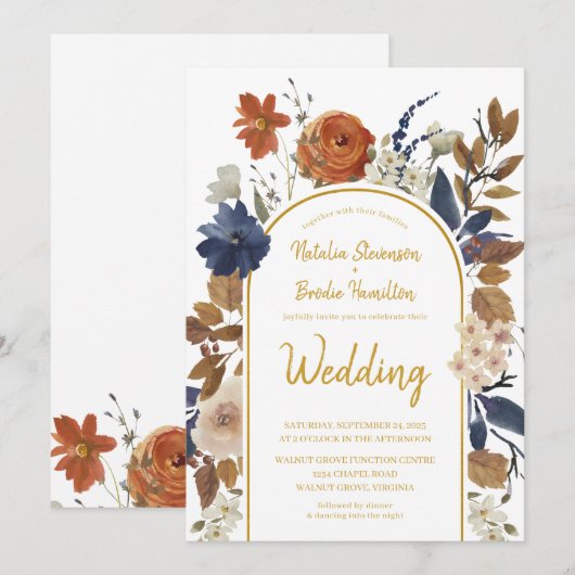 Gold Terracotta Blue Floral Boho Wedding Kaart (Voorkant / Achterkant)