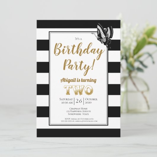 Gold Text Black en White Stripe 2e verjaardag Kaart (Staand voorkant)