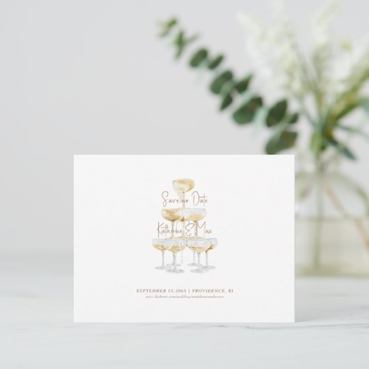 Gold Text Champagne Tower Save our Date Briefkaart (Staand voorkant)