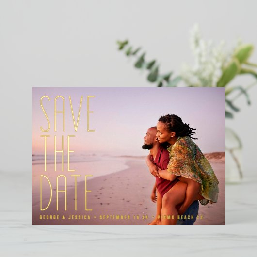 Gold Text Editable Twee Multi Photo Save the DATE Folie Uitnodiging (Staand Voorkant)