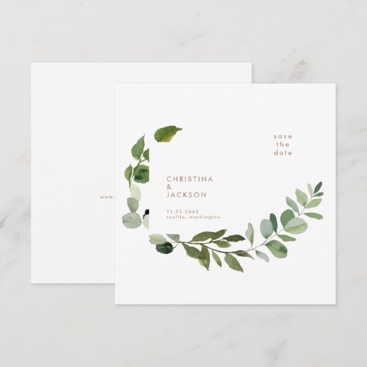 Gold Text Eucalyptus Wedding Square Save the Date (Voorkant / Achterkant)