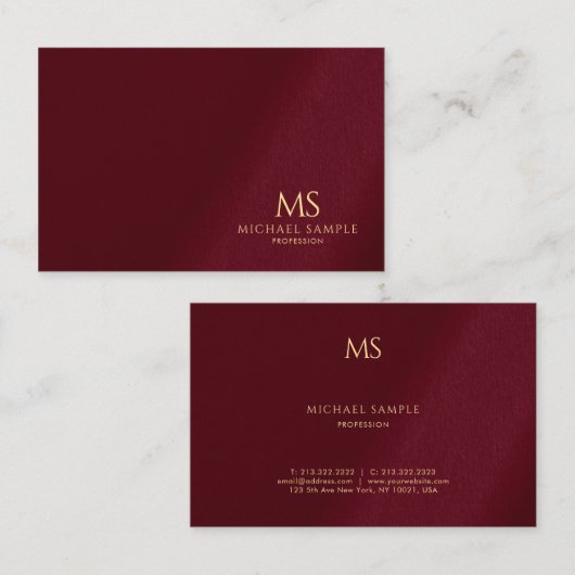 Gold Text Monogram Template Luxe Bordeaux Elegant Visitekaartje (Voorkant / Achterkant)