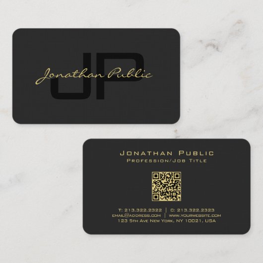 Gold Text Name Script Premium Linen Black Luxe Visitekaartje (Voorkant / Achterkant)
