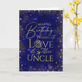 Gold Text Night Sky Belated Birthday Uncle Kaart (Gele Bloem)