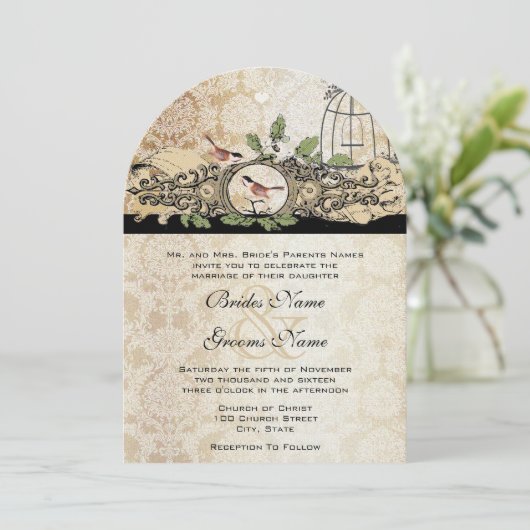 Gold Texture Birdcage Damask  Tortelduifjes Kaart (Staand voorkant)