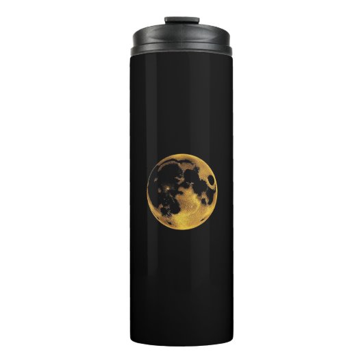 Gold textured moon on dark black thermosbeker (Voorkant)
