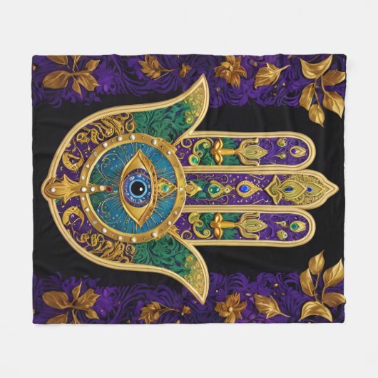 Gold Third Eye Hamsa Fleece Deken (Voorkant (Horizontaal))