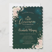 Gold Tiara, Boho Flowers Green Quinceañera Kaart (Voorkant)
