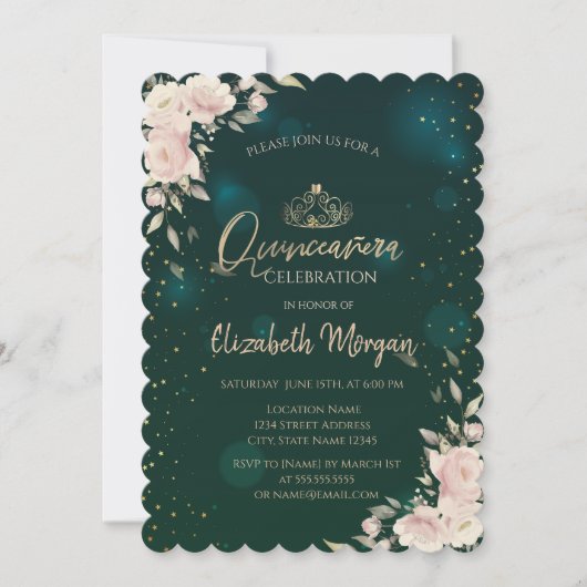 Gold Tiara, Boho Flowers Green Quinceañera Kaart (Voorkant)