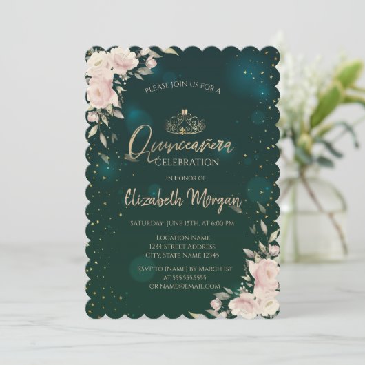 Gold Tiara, Boho Flowers Green Quinceañera Kaart (Staand voorkant)
