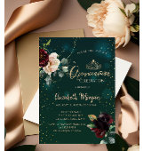 Gold Tiara, Burgundy Flowers Green Quinceañera Kaart