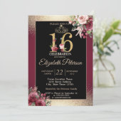 Gold Tiara Confetti Burgundy Sweet 16 Party Kaart (Staand voorkant)