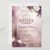 Gold Tiara, Confetti Burgundy Sweet 16 Party Kaart (Voorkant)