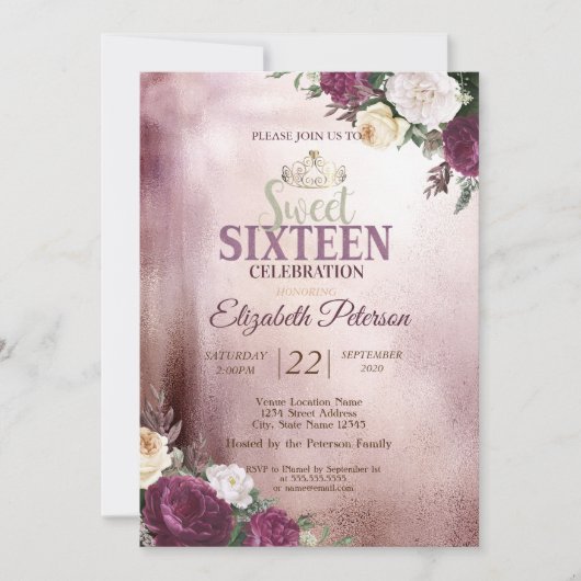 Gold Tiara, Confetti Burgundy Sweet 16 Party Kaart (Voorkant)