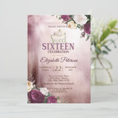 Gold Tiara, Confetti Burgundy Sweet 16 Party Kaart (Staand voorkant)