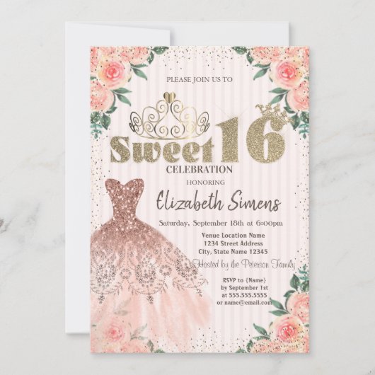 Gold Tiara,Confetti,Dress,Striped Floral Sweet 16 Kaart (Voorkant)
