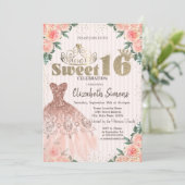 Gold Tiara,Confetti,Dress,Striped Floral Sweet 16 Kaart (Staand voorkant)