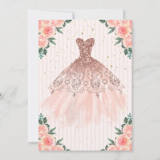 Gold Tiara,Confetti,Dress,Striped Floral Sweet 16 Kaart (Achterkant)