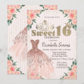 Gold Tiara,Confetti,Dress,Striped Floral Sweet 16 Kaart (Voorkant / Achterkant)