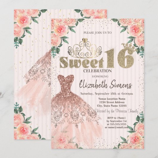 Gold Tiara,Confetti,Dress,Striped Floral Sweet 16 Kaart (Voorkant / Achterkant)