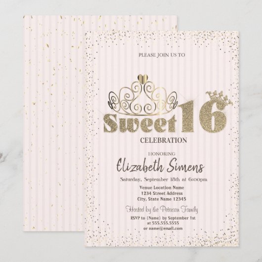 Gold Tiara Confetti Princess Striped Sweet 16 Kaart (Voorkant / Achterkant)