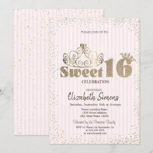 Gold Tiara Confetti Princess Striped Sweet 16 Kaart