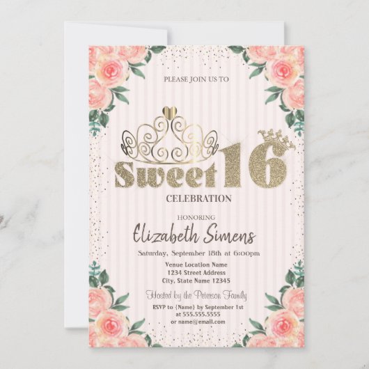 Gold Tiara Confetti Rozen, gestript Sweet 16 Kaart (Voorkant)