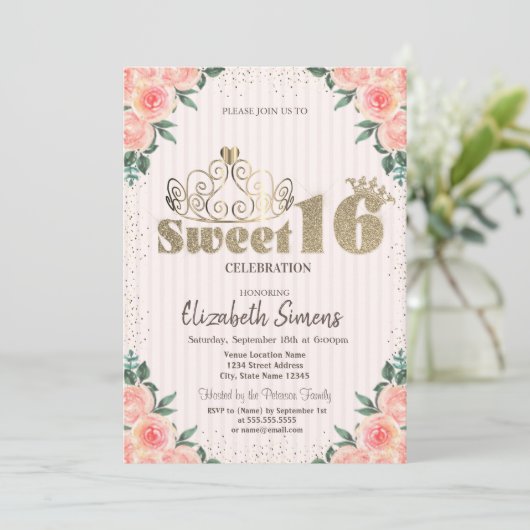 Gold Tiara Confetti Rozen, gestript Sweet 16 Kaart (Staand voorkant)