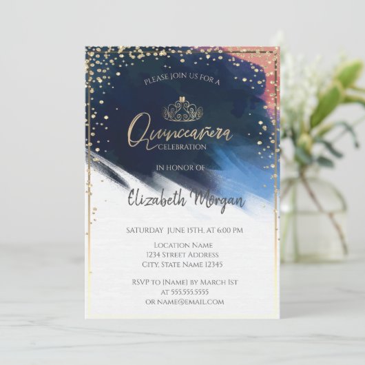 Gold Tiara,Confetti,Waterverf penseelstreek Kaart (Staand voorkant)