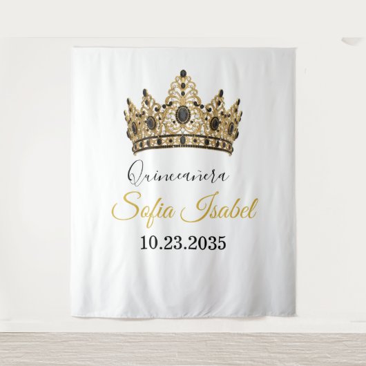 Gold Tiara Custom Quinceañera Tapestry Wandkleed (Voorkant)