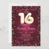 Gold Tiara, Diamonds Burgundy Sweet 16 Party Kaart (Voorkant)