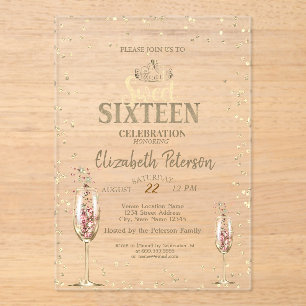Gold Tiara, Diamonds Champagne Glass Sweet 16 Acryl Uitnodigingen