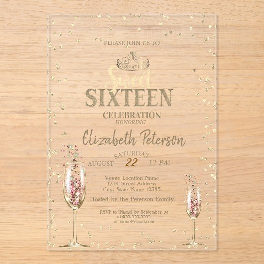 Gold Tiara, Diamonds Champagne Glass Sweet 16 Acryl Uitnodigingen (Voorkant)