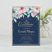 Gold Tiara, Diamonds, Floral Quinceañera Kaart (Staand voorkant)