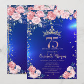Gold Tiara Diamonds Flowers Blue 75th Birthday Kaart (Voorkant / Achterkant)