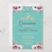 Gold Tiara, Diamonds Flowers Mint Green Quinceañer Kaart (Voorkant)