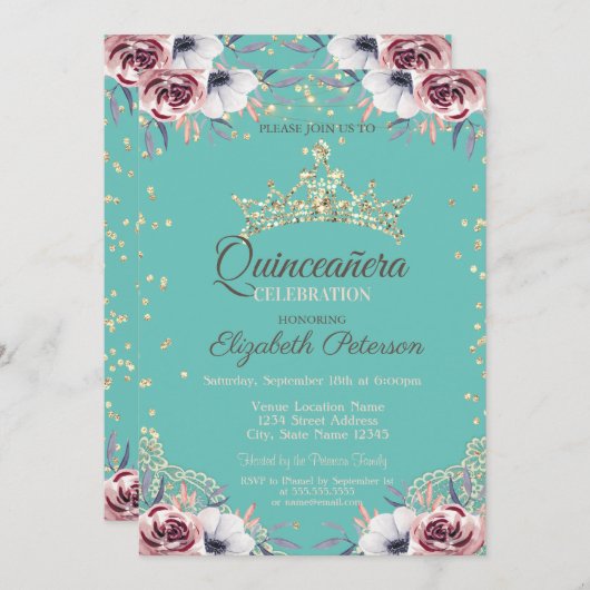 Gold Tiara, Diamonds Flowers Mint Green Quinceañer Kaart (Voorkant / Achterkant)