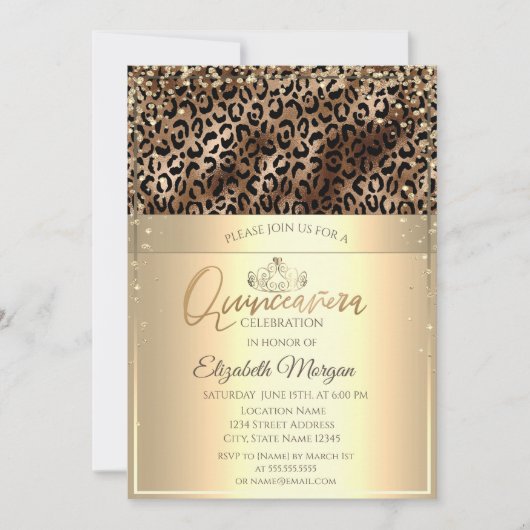 Gold Tiara, Diamonds Leopard Print Quinceañera Kaart (Voorkant)