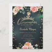 Gold Tiara Diamonds Rozen Green Quinceañera Kaart (Voorkant)